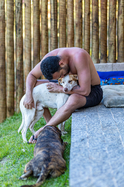 Man hugging his white dog in a sunny backyard