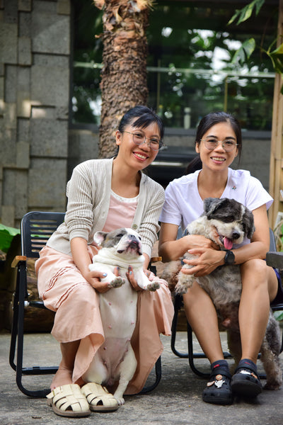 Two friends sitting outdoors holding their dogs