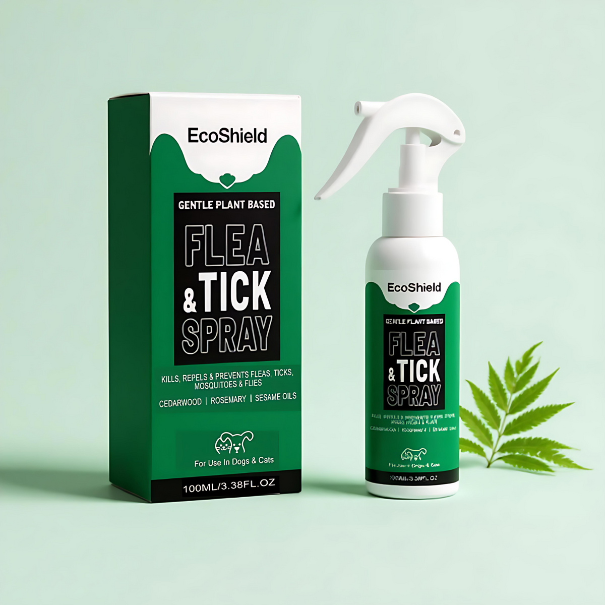 EcoShield Flea & Tick Spray bottle and box on a soft green background with a fern leaf